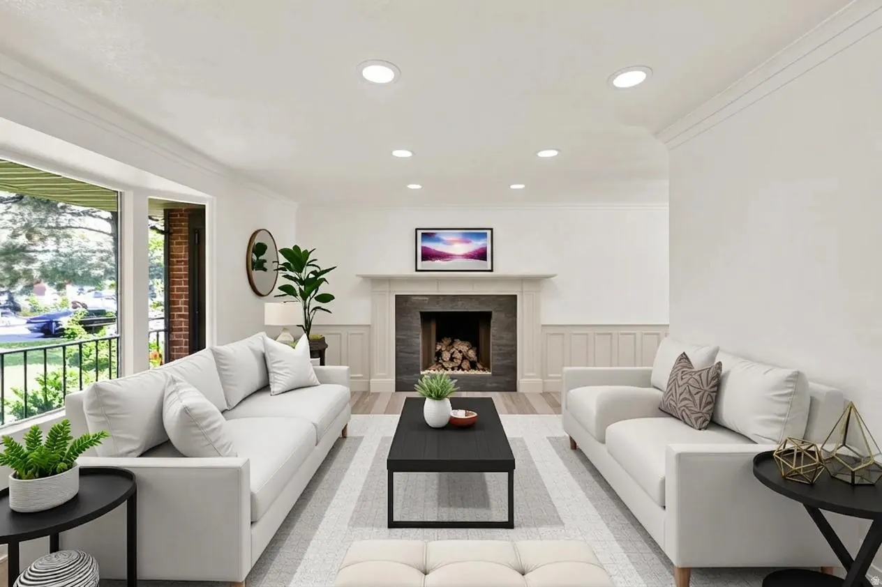 Recessed lighting illuminating the living space, featuring a fireplace with a stone surround and a white mantel
