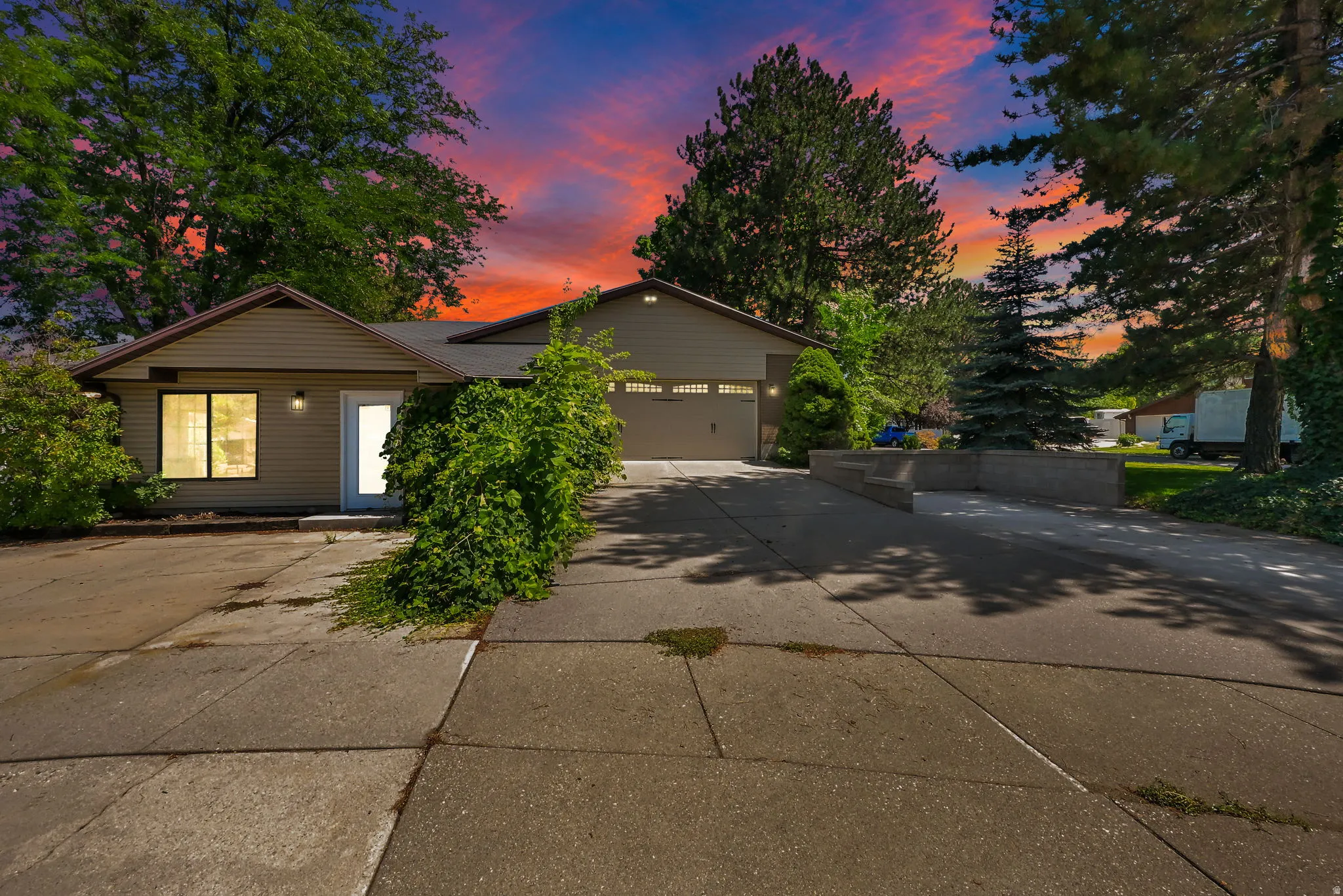 Neutral-toned exterior with a two-car garage