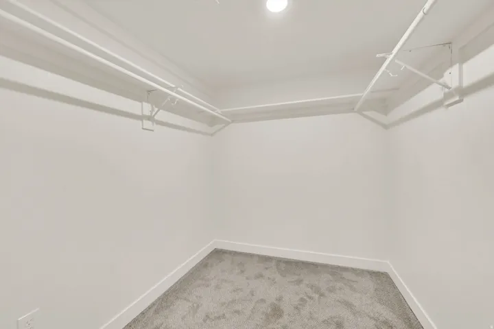 Recessed ceiling lighting, white walls, built-in wire shelving, built-in wire hanging rods, and gray carpet flooring