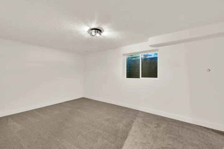 Spacious room featuring neutral carpeting, white walls, a single window, and a flush-mount ceiling light fixture