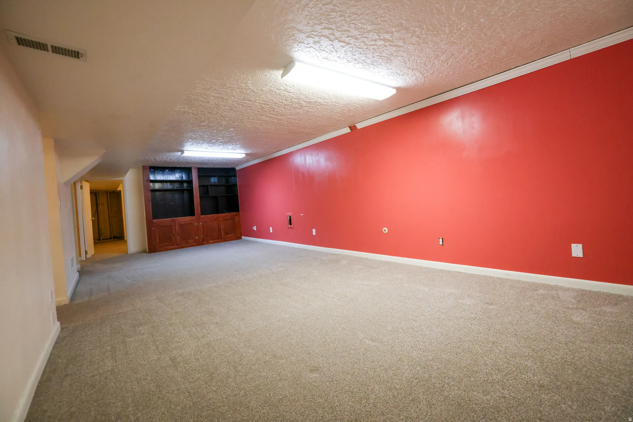 Carpeted room featuring a built-in wood-finish cabinet with shelving, white trim, and overhead strip lighting