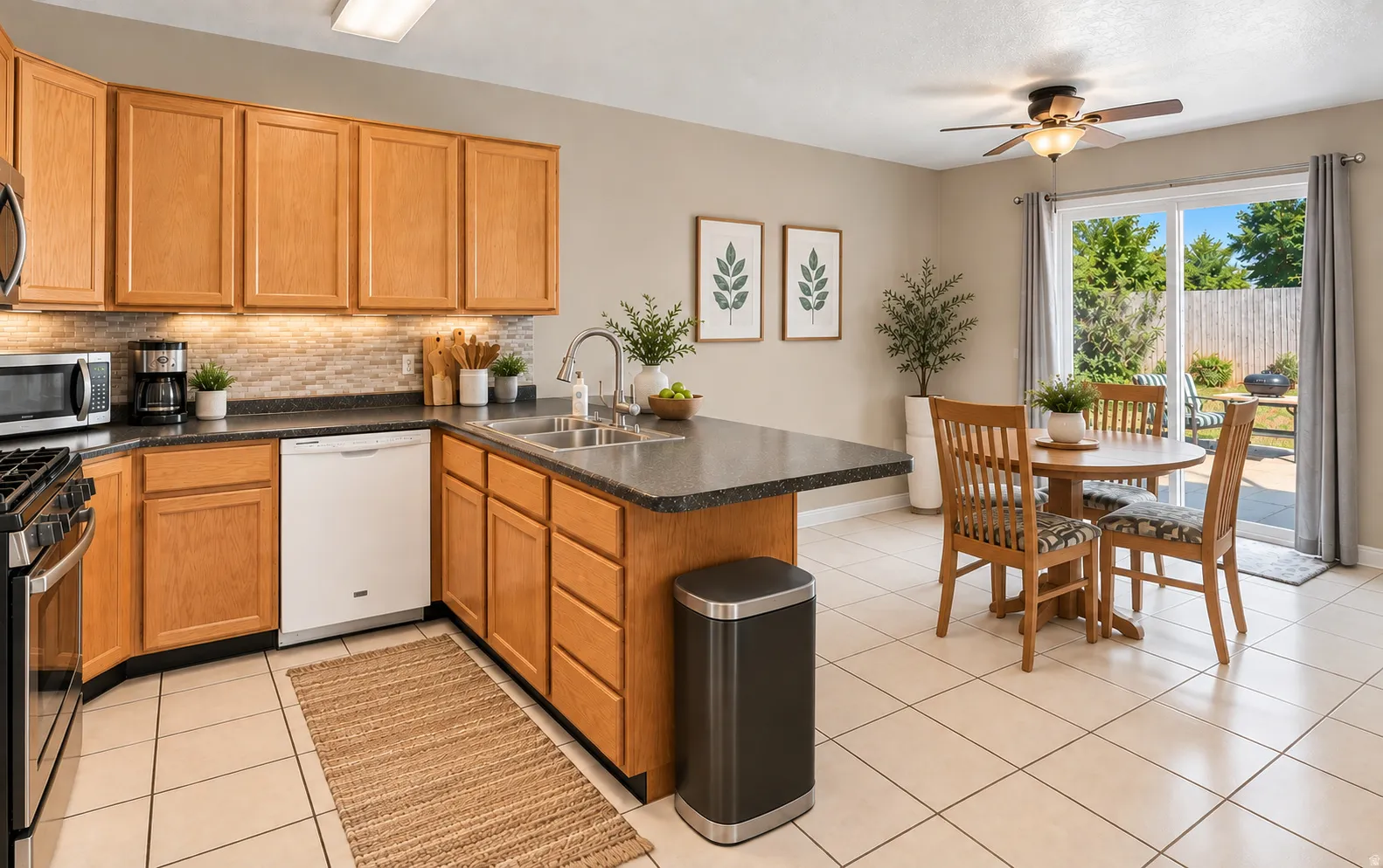 Kitchen featuring wood cabinetry, stone-look countertops, a tile backsplash, and stainless steel appliances
