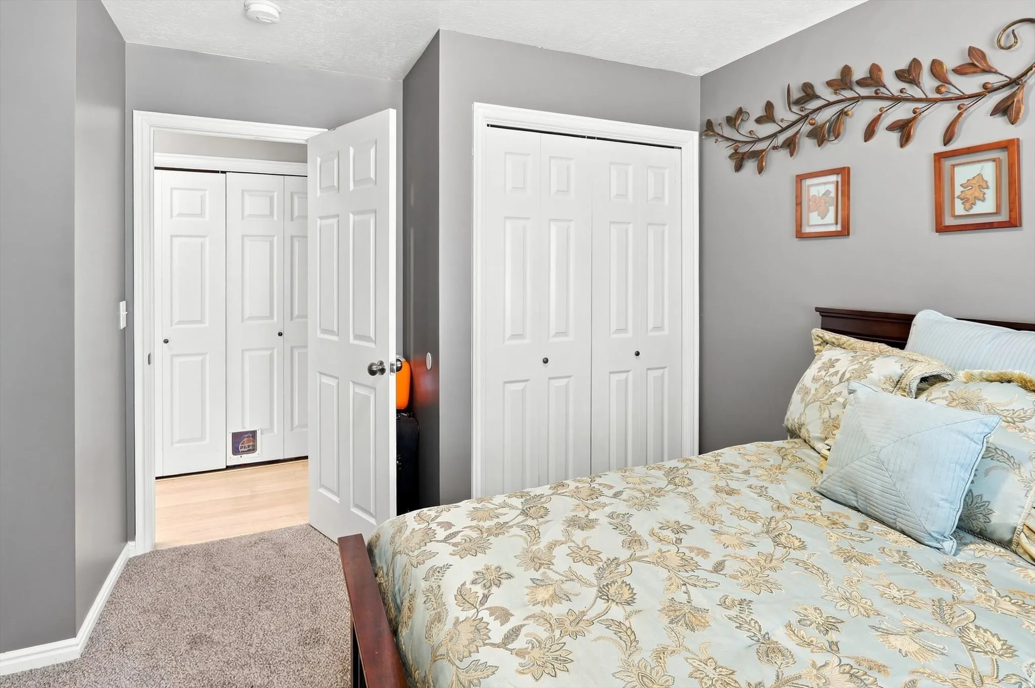 Grey wall paint with white trim, two white bi-fold closet doors, and light-colored wood-finish flooring in the adjacent space