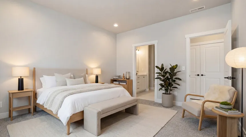 Spacious bedroom featuring light neutral wall paint, recessed lighting, and carpet flooring
