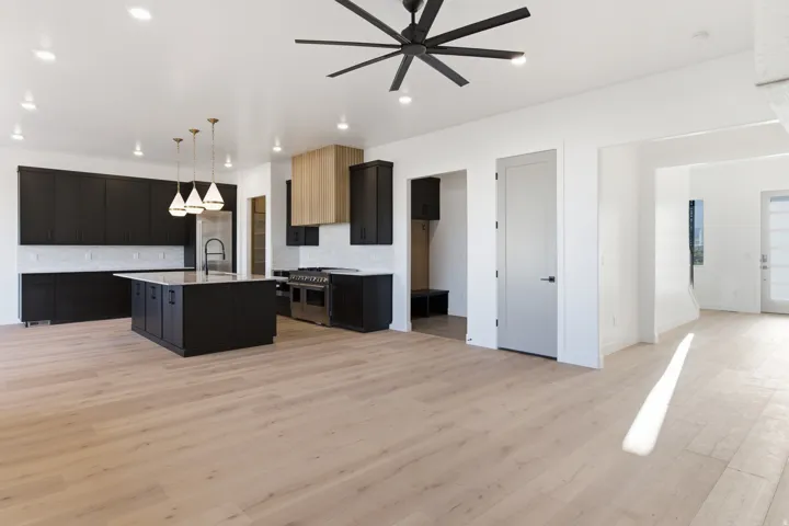Open-concept living space with light wood-finish flooring, a modern black ceiling fan, and recessed lighting