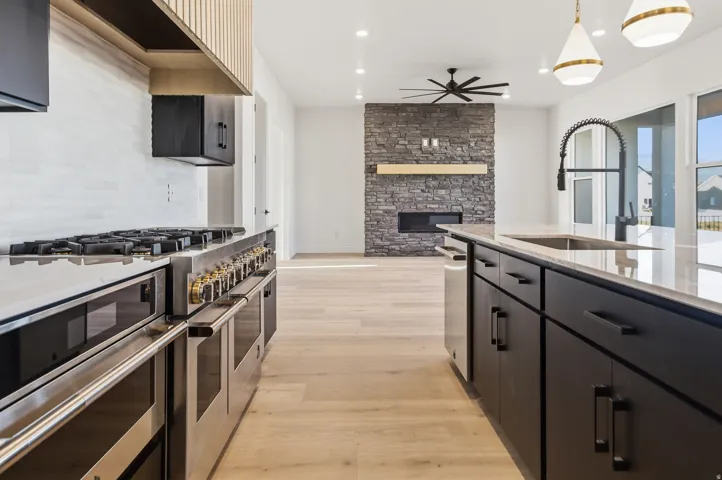 Open-concept kitchen featuring stainless steel appliances, dark cabinetry, and light wood-finish flooring