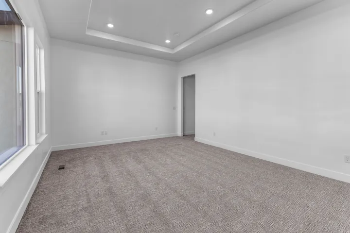 Recessed lighting, tray ceiling, neutral wall color, light gray carpet, and multiple windows