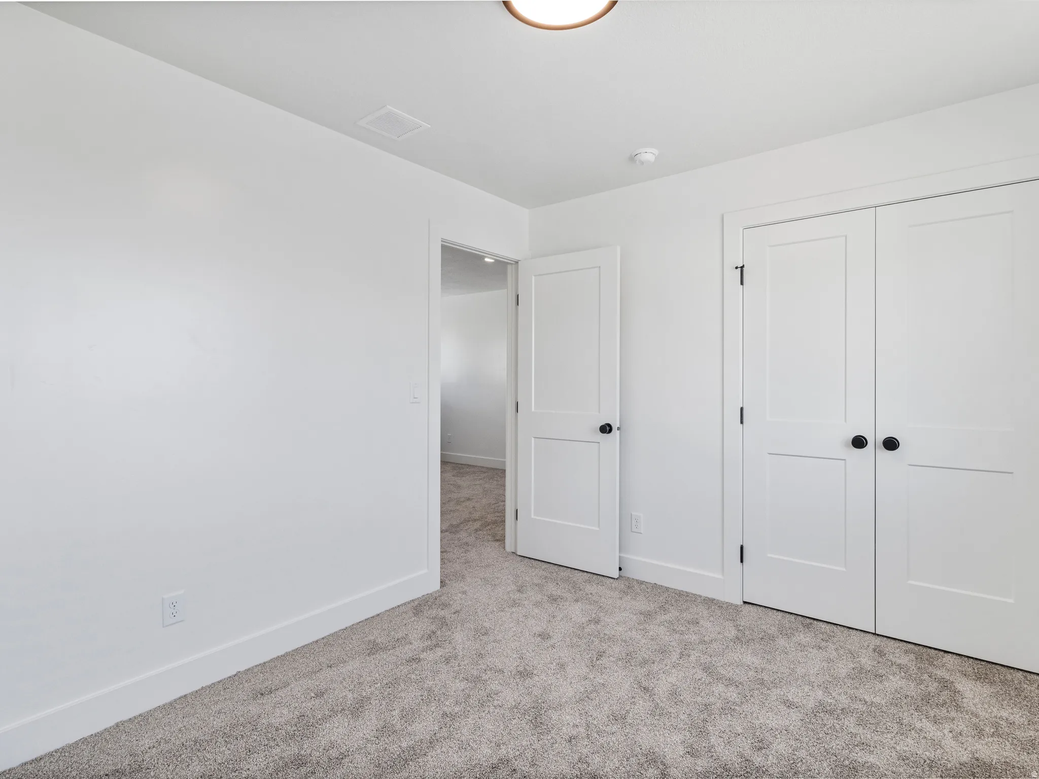 Plush gray carpeting, white painted walls, and white interior doors with black hardware