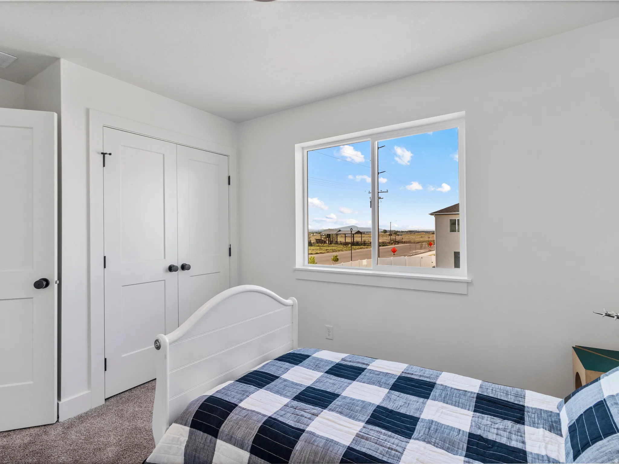White interior paint throughout, featuring a double-door closet, a single window, and carpet flooring