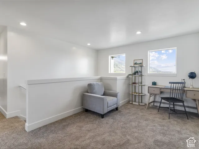 Recessed ceiling lighting, white walls, two windows, carpeted flooring, and a white half-wall railing