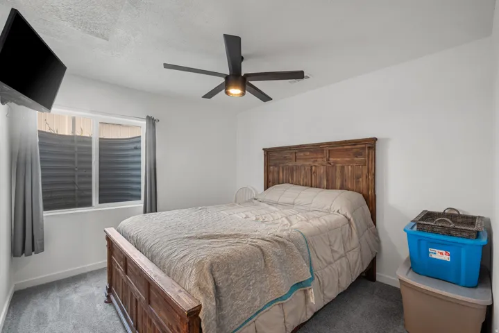 Window with privacy well, white walls, dark ceiling fan with integrated lighting, and gray carpeting