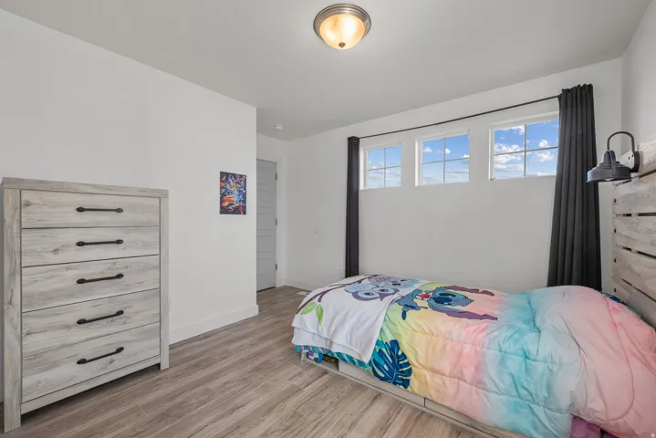 Wood-finish flooring, three transom windows, flush-mount ceiling light fixture, and white wall finishes