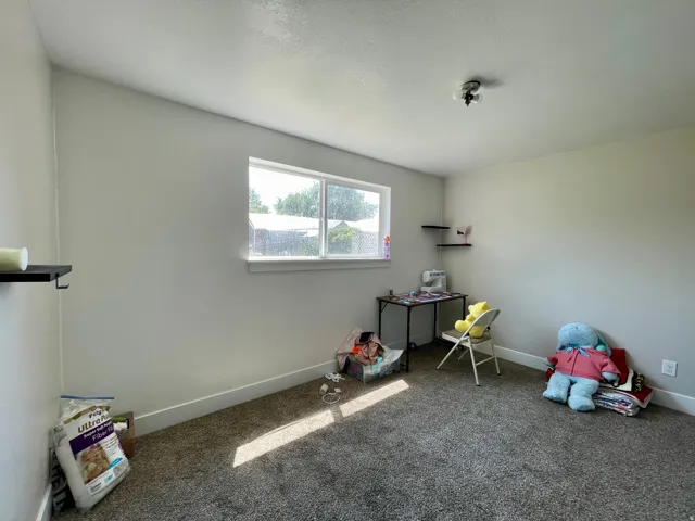 Carpeted interior with light gray walls, a window with white trim, and a ceiling-mounted light fixture