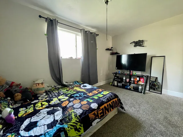 Wall-to-wall carpeting with light-toned walls and a single window