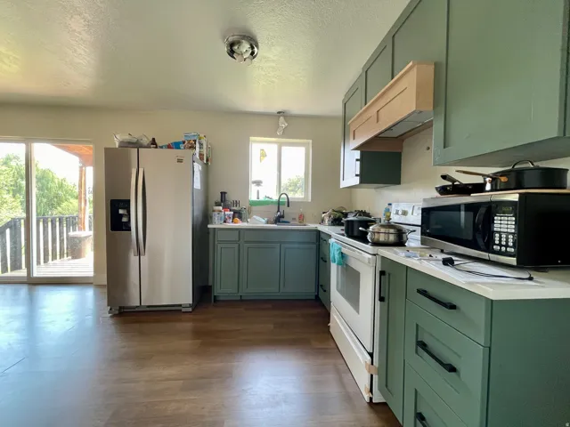 Kitchen featuring green cabinetry, white countertops, wood-finish flooring, and a sliding glass door
