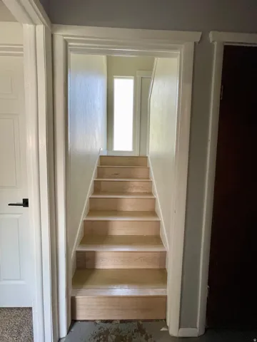 Wood-finish stair treads with white risers and white trim