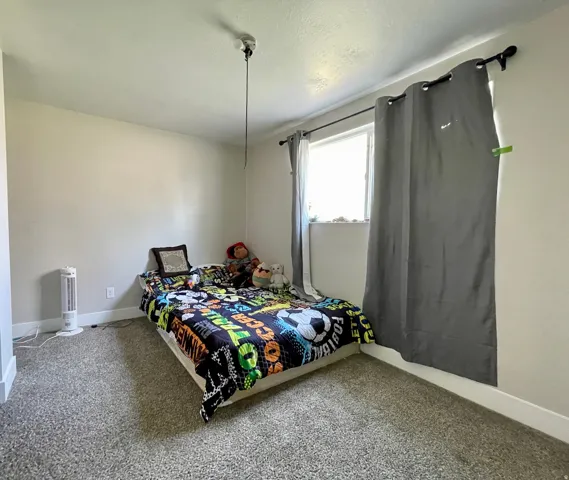 Carpeted flooring, neutral wall tones, and a window with a curtain rod