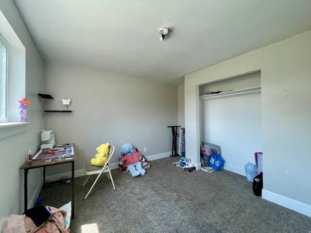 Wall-to-wall carpeting and built-in closet with shelving