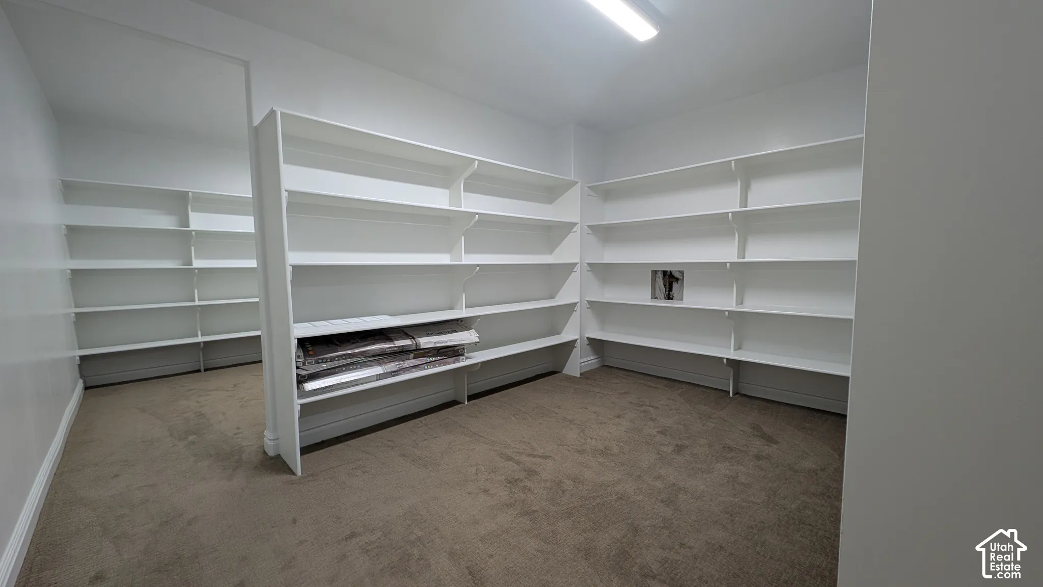 Expansive storage room featuring built-in white shelving, recessed lighting, and carpet flooring
