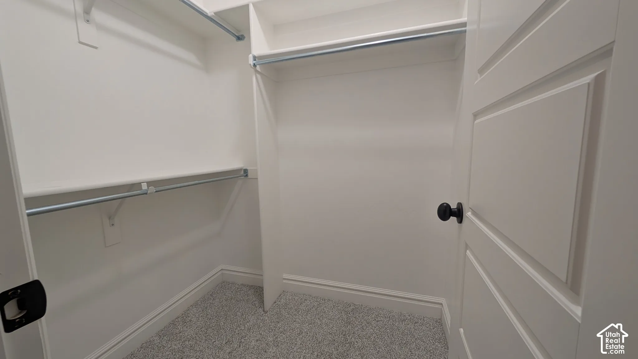 Walk-in closet with multi-level hanging rods, built-in shelving, carpet flooring, and white paneled door with matte black hardware