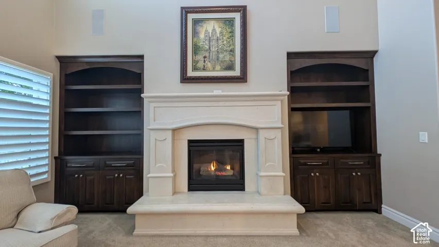 Built-in cabinetry flanking a stone fireplace