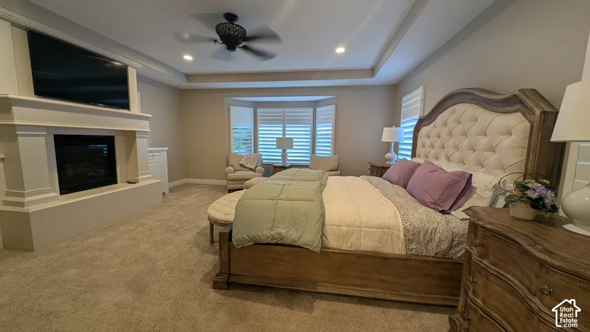 Spacious yet cosy Master bedroom with fireplace and TV with mount. Tray ceiling with recessed lighting and ceiling fan.