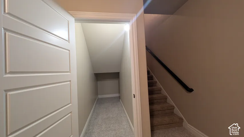 Fun for play or storage, a finished under stair room with Paneled door, built-in shelving, and carpeted flooring
