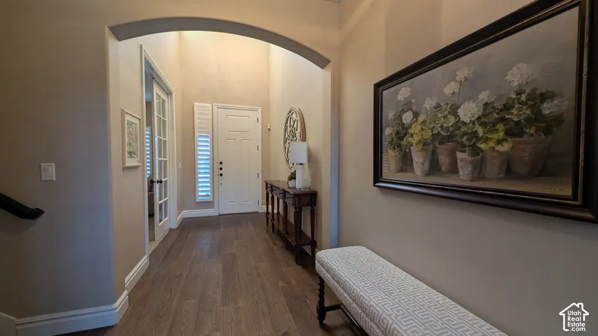 Arched entryway featuring wood-finish flooring, a paneled entry door, and side-light windows with plantation shutters