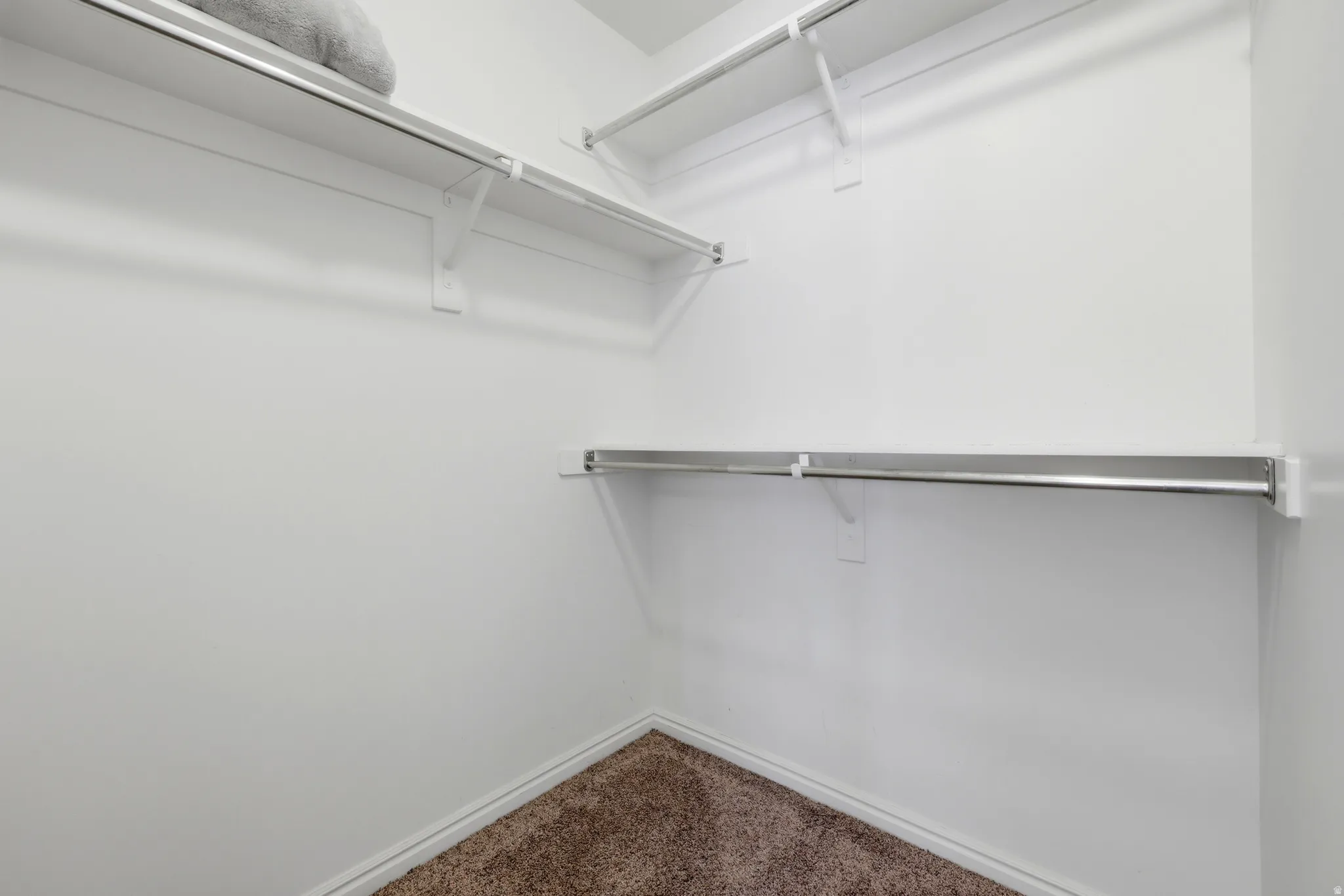 White walls with brown carpet flooring, featuring multiple white shelves with metal hanging rods