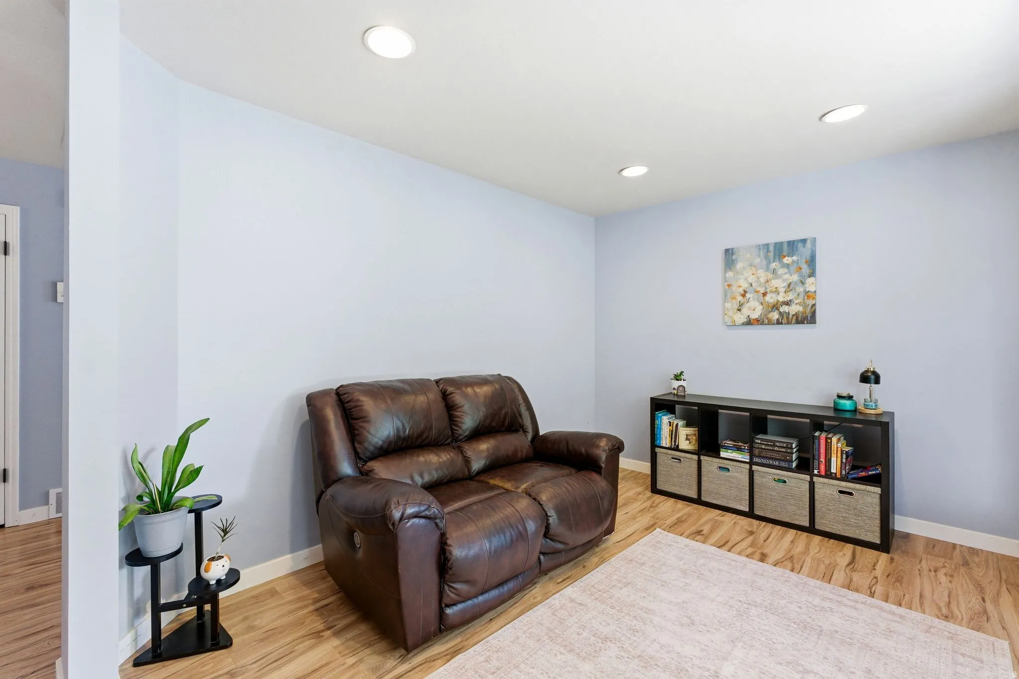 Recessed ceiling lighting, wood-finish flooring, and light wall color