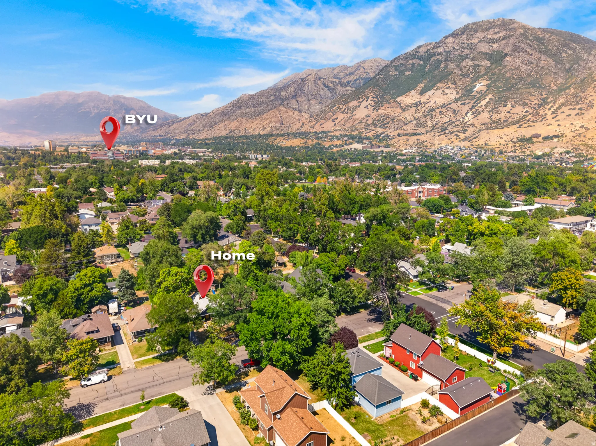 Aerial perspective highlighting BYU and the property