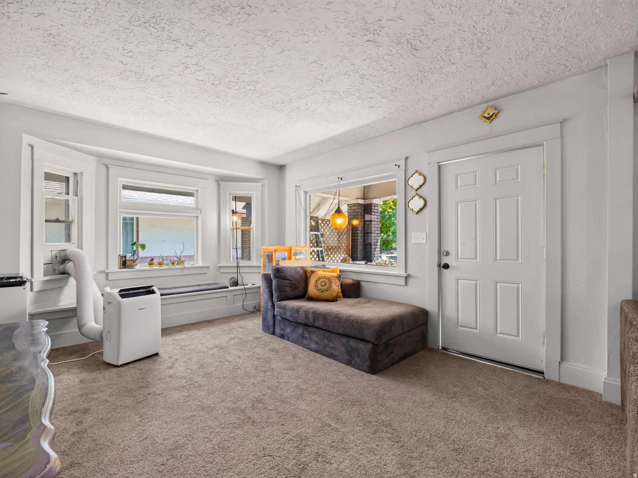 Open living room with lush carpet