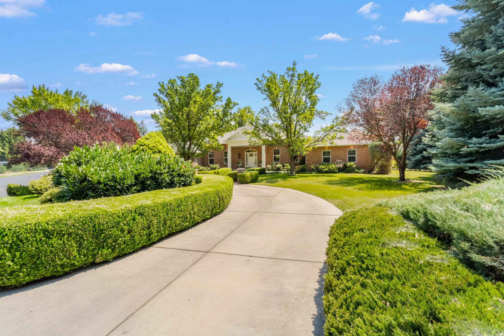 Brick exterior with a prominent portico featuring white columns, a concrete driveway, and mature landscaping including manicured hedges and established trees
