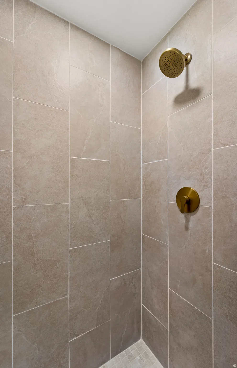 Shower with large format wall tiling, a gold-finish shower head, and a matching gold-finish control knob