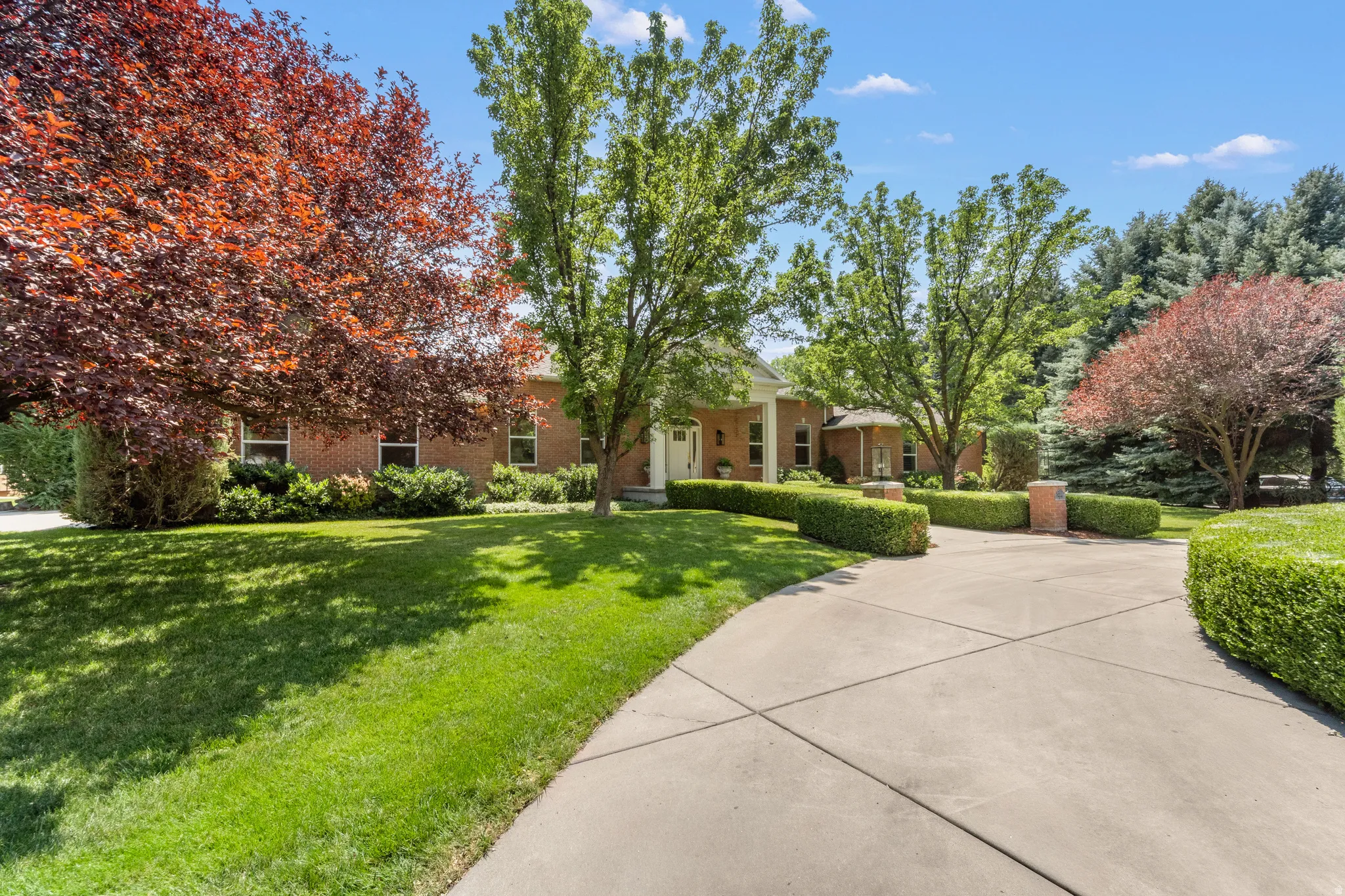 Brick exterior residence with a concrete driveway, mature trees, manicured hedges, and a lush lawn