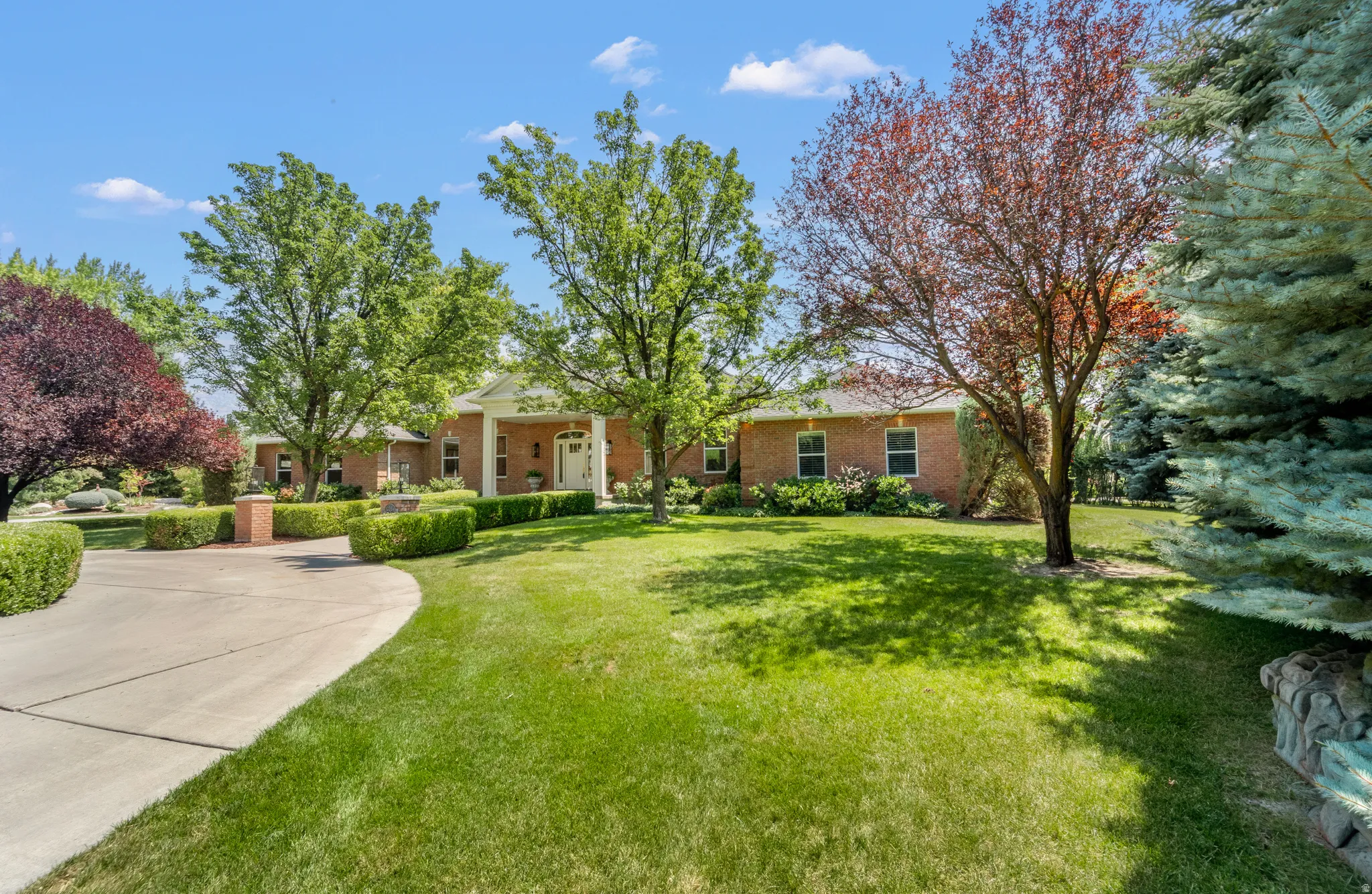 Brick exterior residence featuring a covered front entry, mature trees, manicured hedges, and a curved concrete driveway