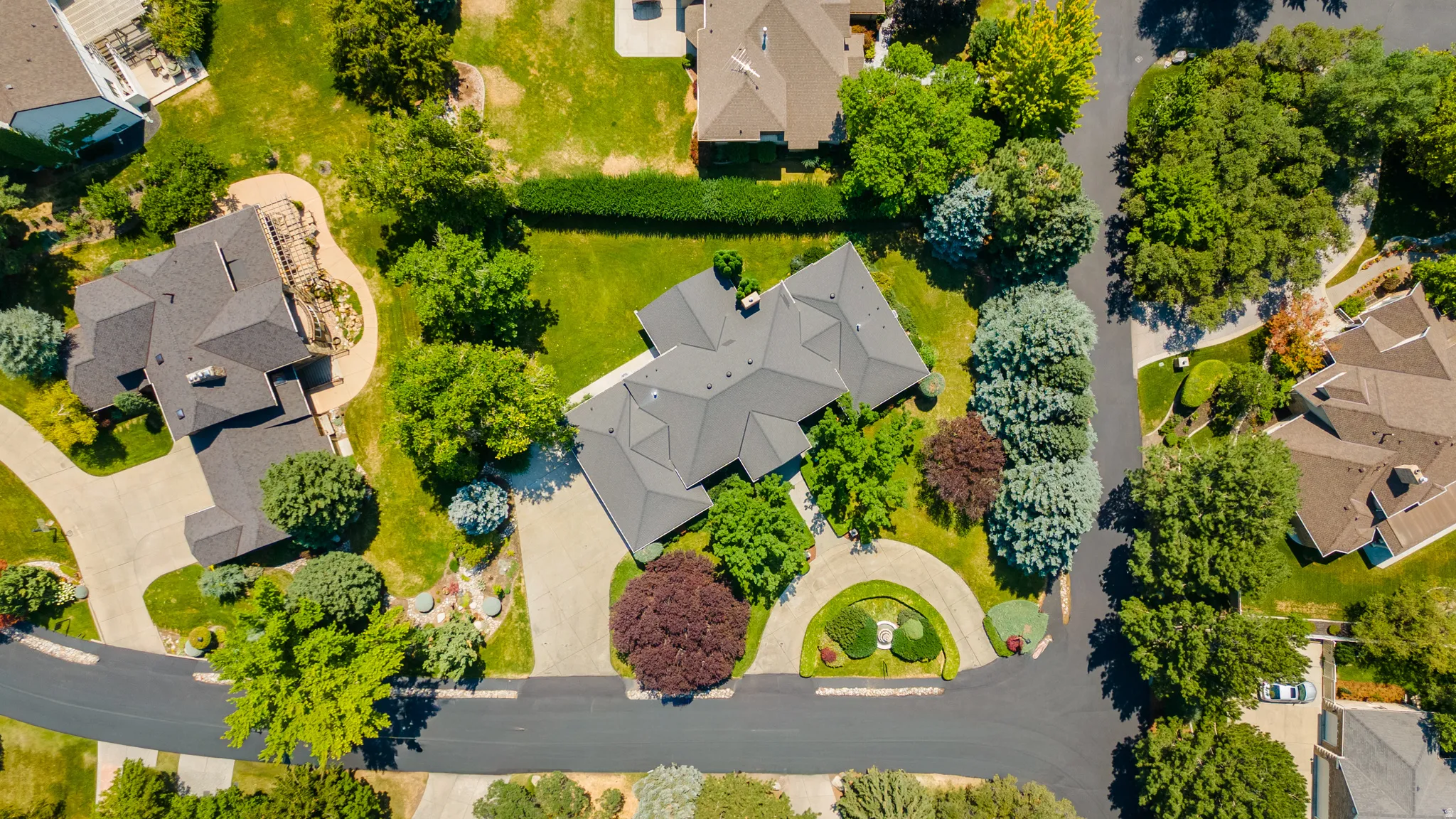 Expansive property featuring a circular driveway, mature landscaping, and a multi-level roofline