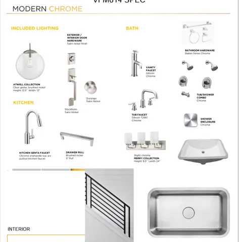 Specification Sheet. Displaying included lighting, bath, and kitchen fixtures and hardware for the property