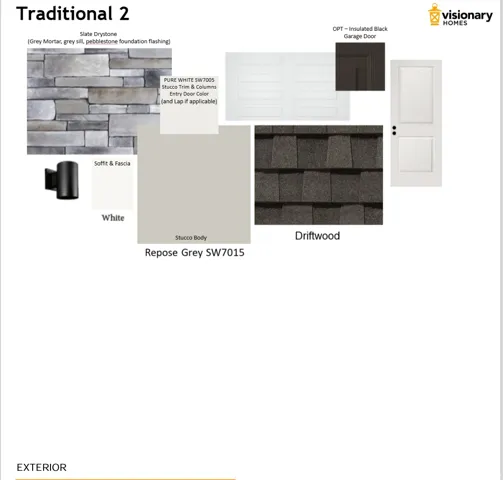 Exterior Finishes Specification. Detailing material and color selections for the property's exterior elements