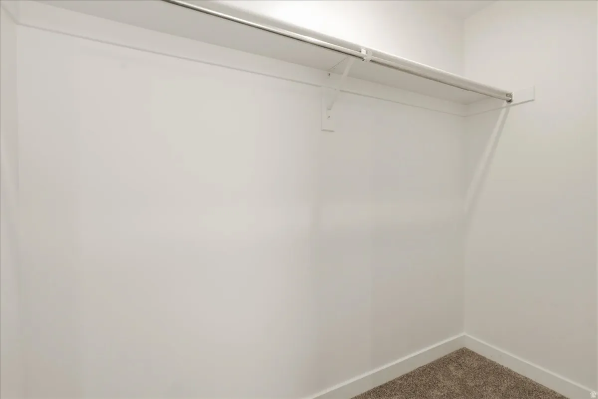 Built-in closet shelving and hanging rod with neutral carpeting