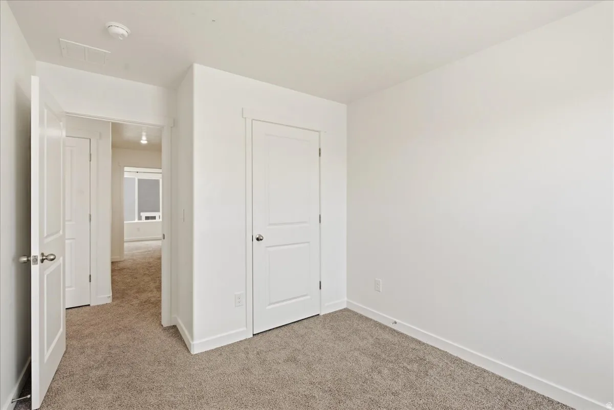 Neutral tone wall finishes, white trim, and plush carpeting