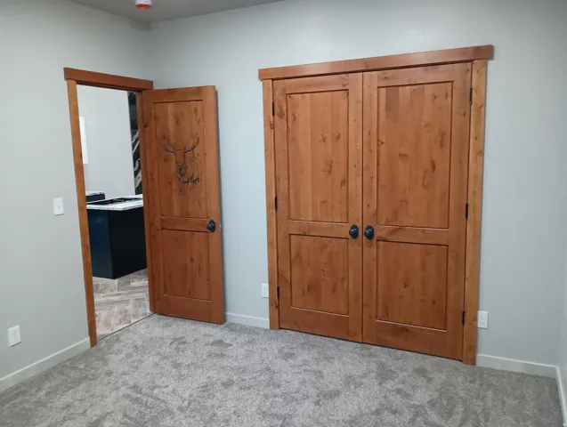 Master Bedroom Light gray carpeting, wood-finish doors, wood door frames, and light gray wall paint