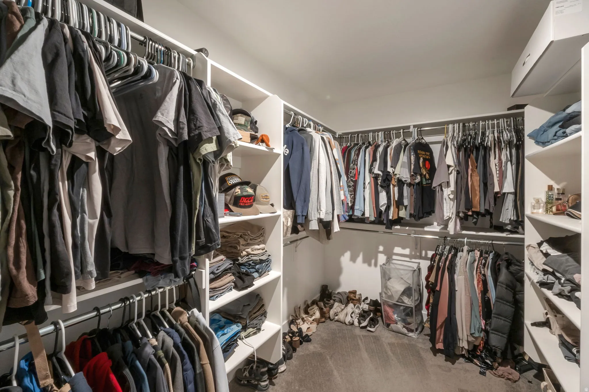 Primary walk-in closet featuring white built-in shelving, multiple hanging rods, and carpet flooring