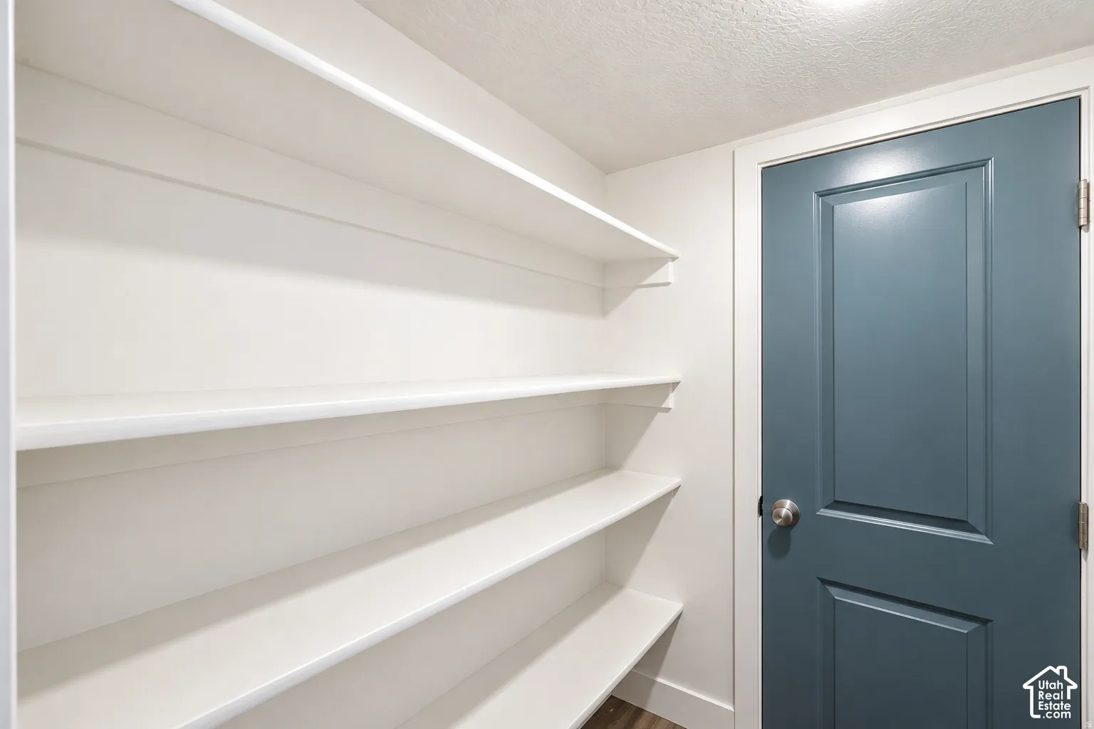 Built-in shelving with multiple levels, painted interior door, neutral wall color, and wood-finish flooring