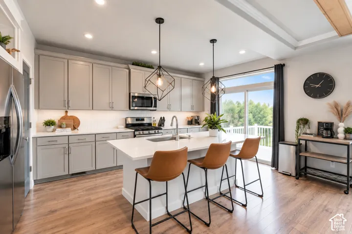 Kitchen with light gray cabinetry, white quartz countertops, stainless steel appliances, and wood-finish flooring