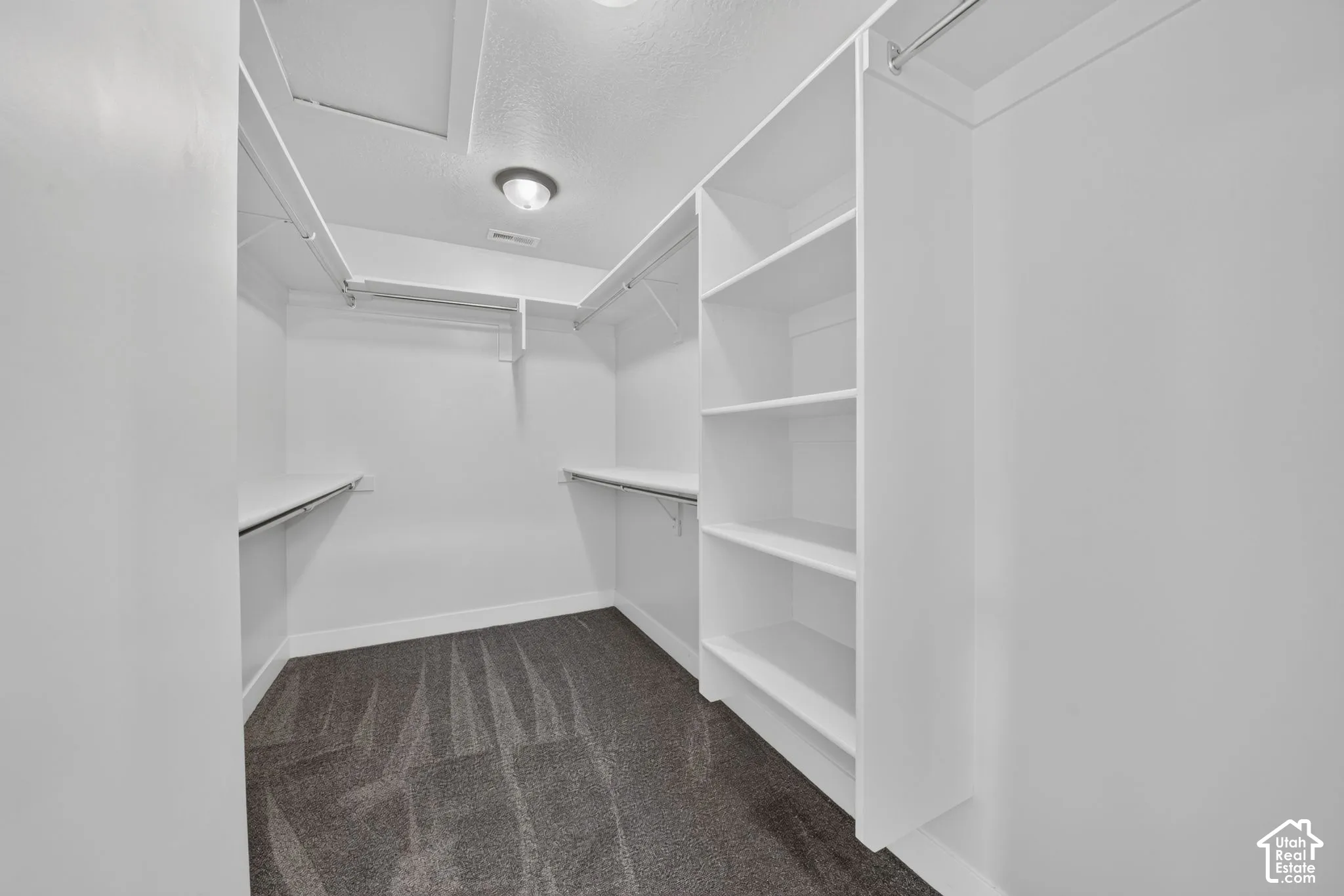 Spacious walk-in closet featuring built-in shelving, multiple hanging rods, overhead lighting, and dark gray carpeting