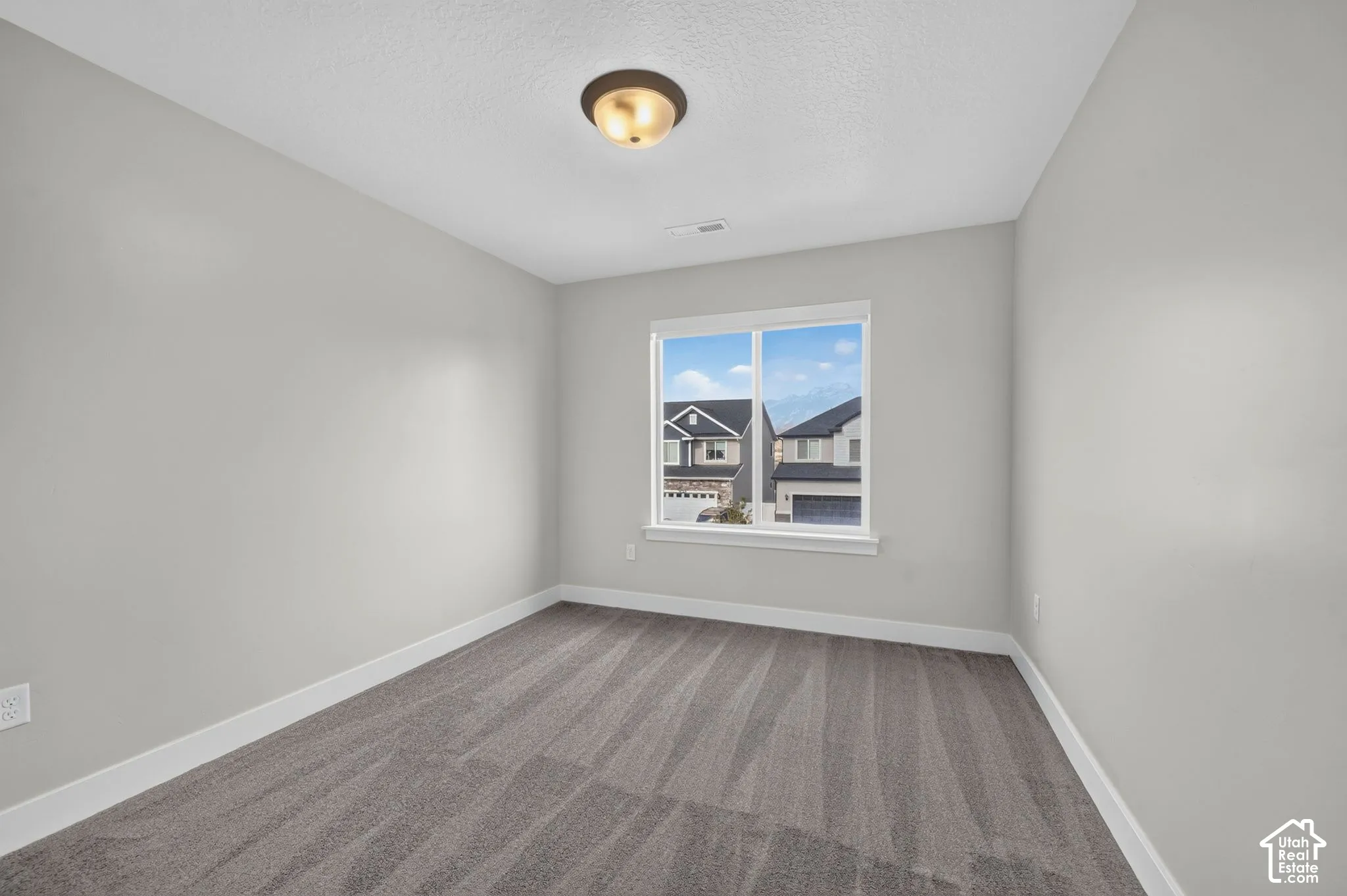 Light gray walls, patterned gray carpet, white window trim, and a flush-mount ceiling light
