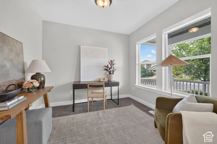 Bright room featuring two large windows, neutral wall tones, and carpeted flooring