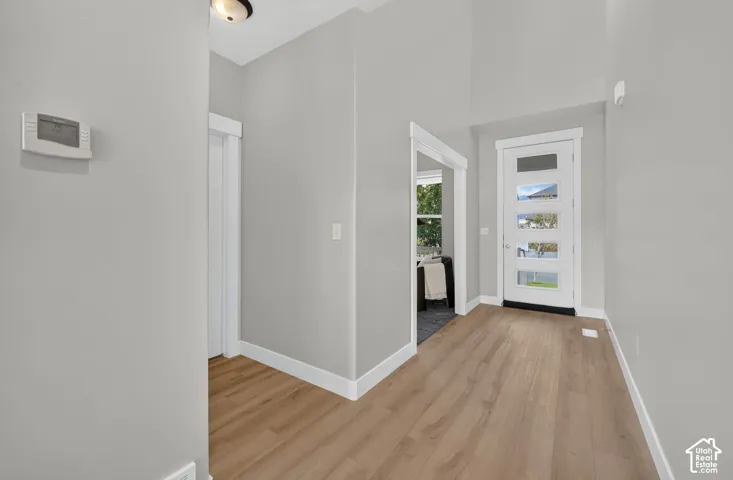 Vaulted ceiling entryway with wood-finish flooring, a contemporary five-lite entry door, and light gray wall finishes