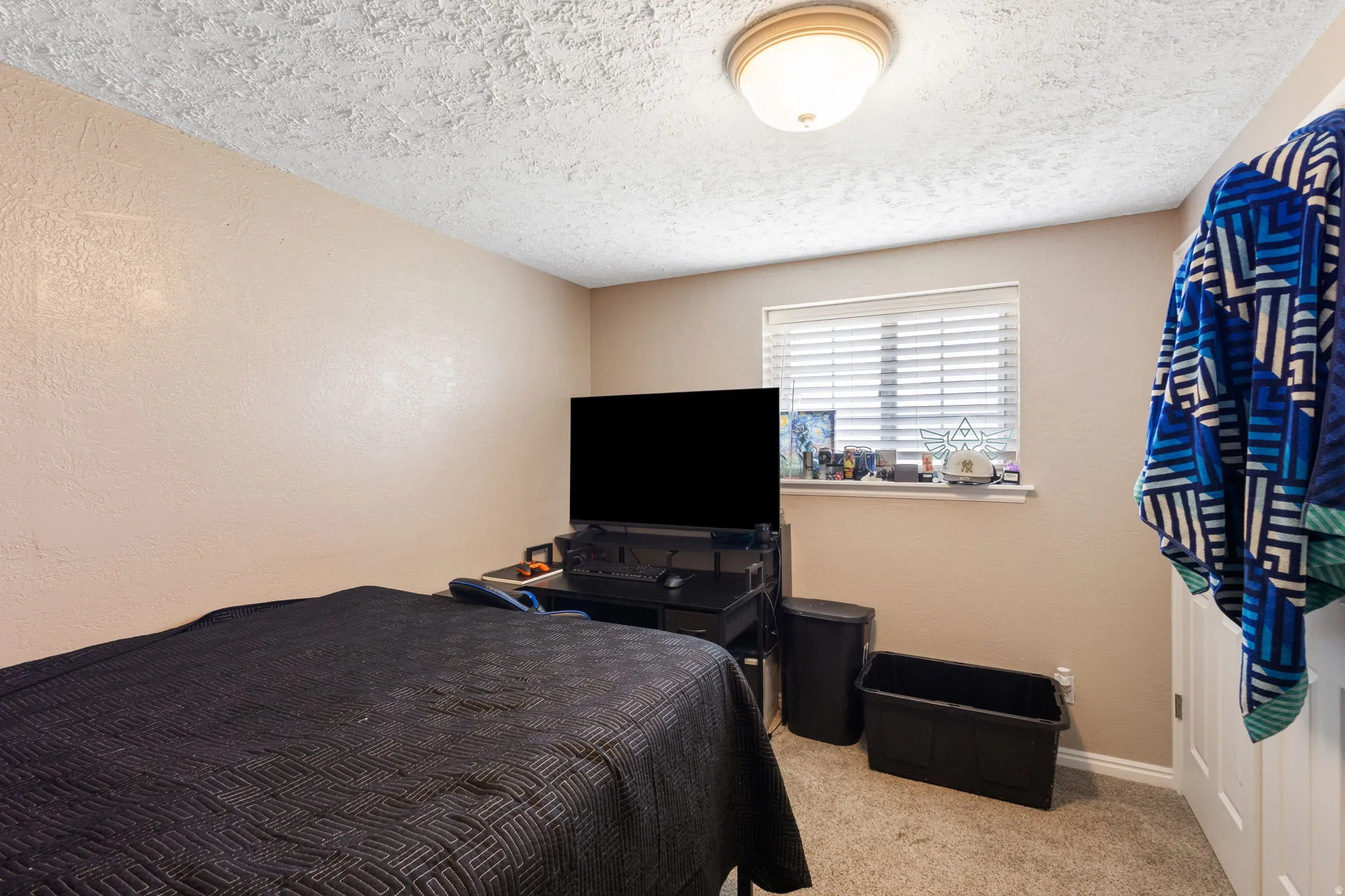 Textured beige walls, carpeted flooring, and window with blinds